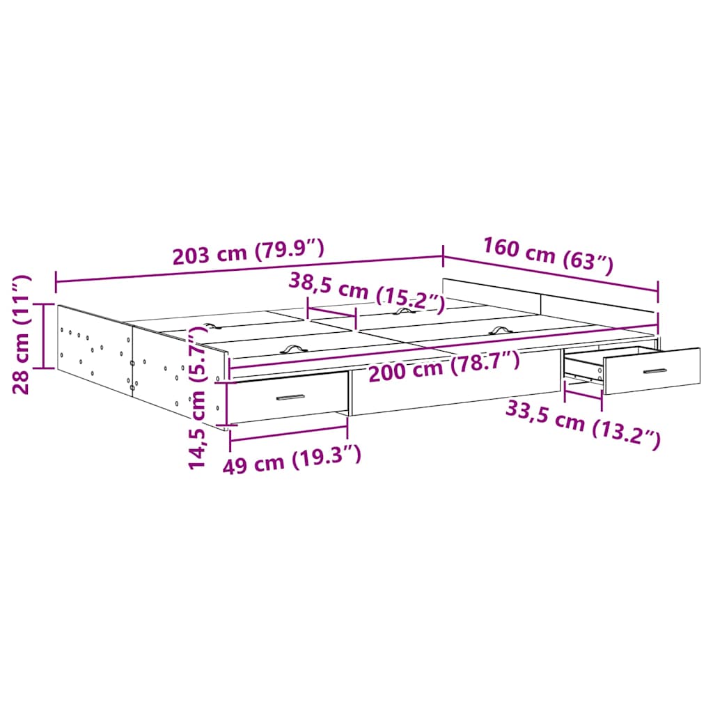 Opbergbedframe met lade met hoofdeinde met opslag Gerookt eiken 160 x 200 cm