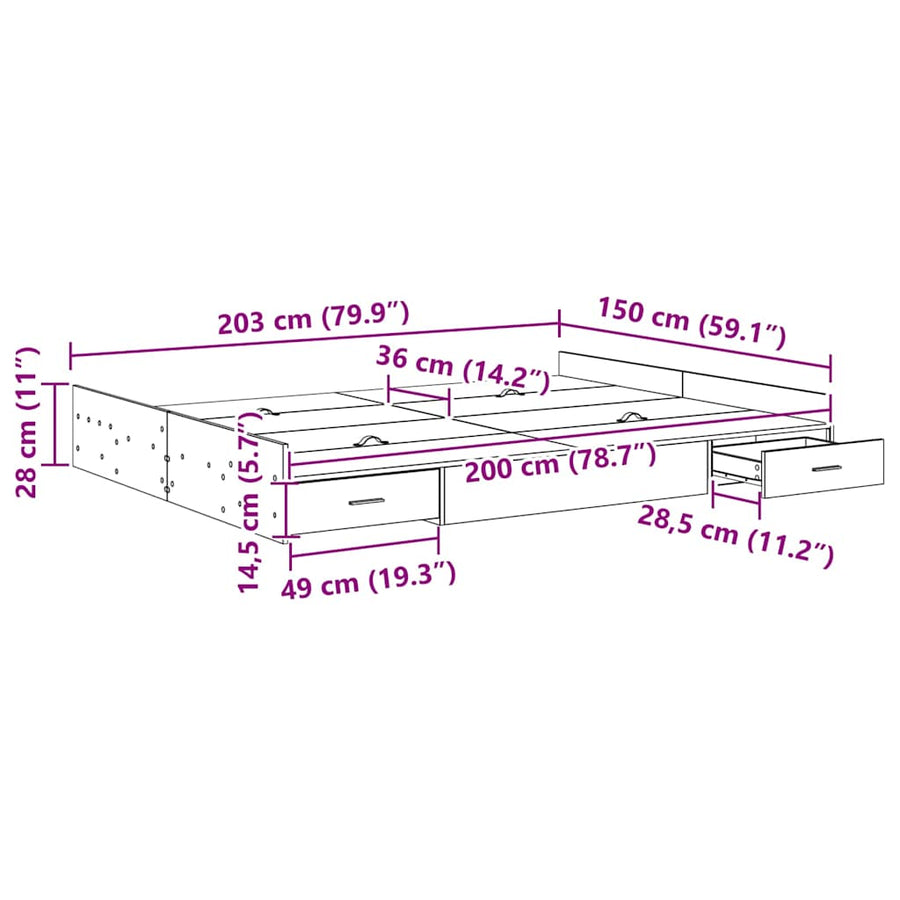 Opbergbedframe met lade met hoofdeinde met opslag Sonoma eiken 150 x 200 cm