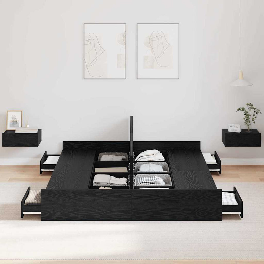 Opbergbedframe met lade met hoofdeinde met opslag Zwart eiken 140 x 200 cm