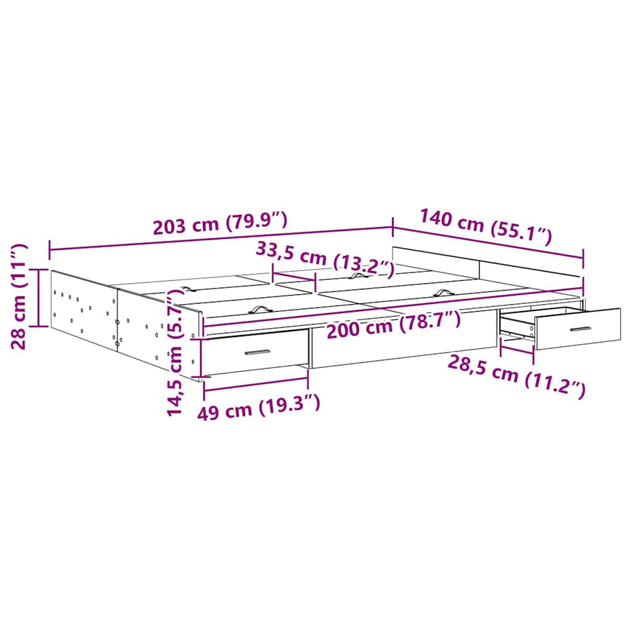 Opbergbedframe met lade met hoofdeinde met opslag Zwart eiken 140 x 200 cm
