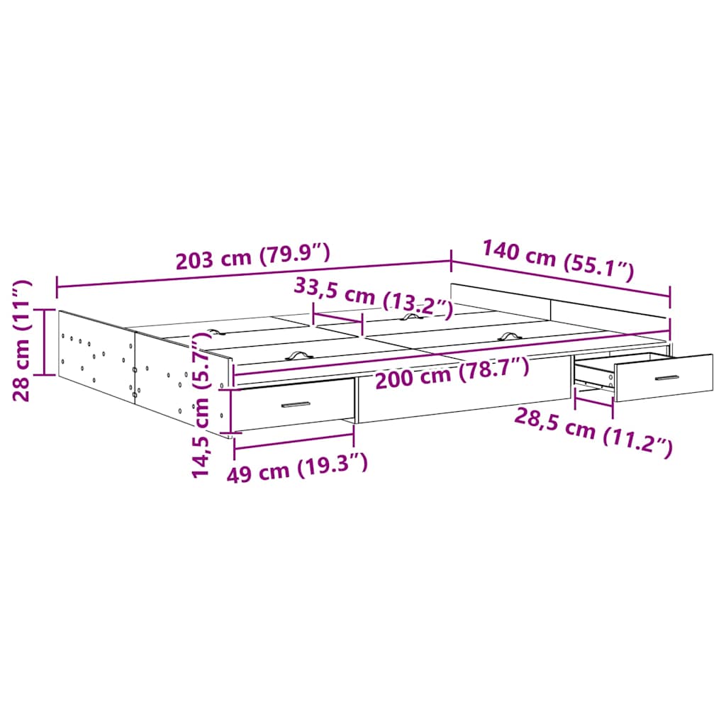 Opbergbedframe met lade met hoofdeinde met opslag Sonoma eiken 140 x 200 cm