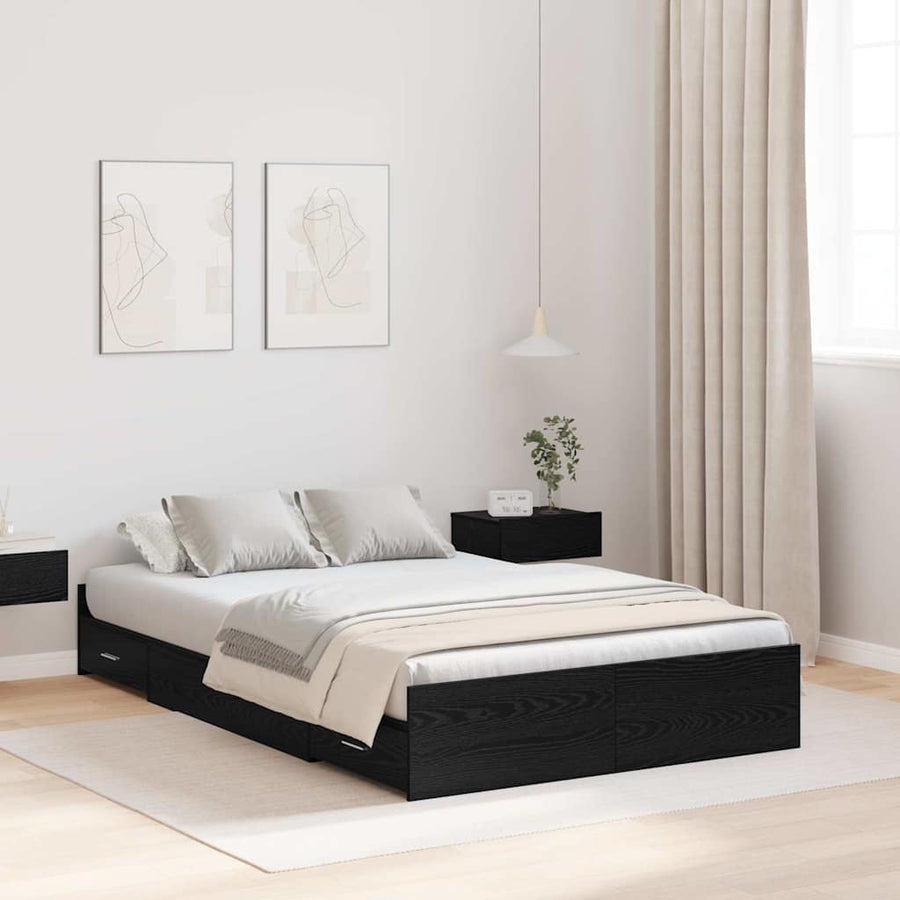 Opbergbedframe met lade met hoofdeinde met opslag Zwart eiken 120 x 200 cm Hout