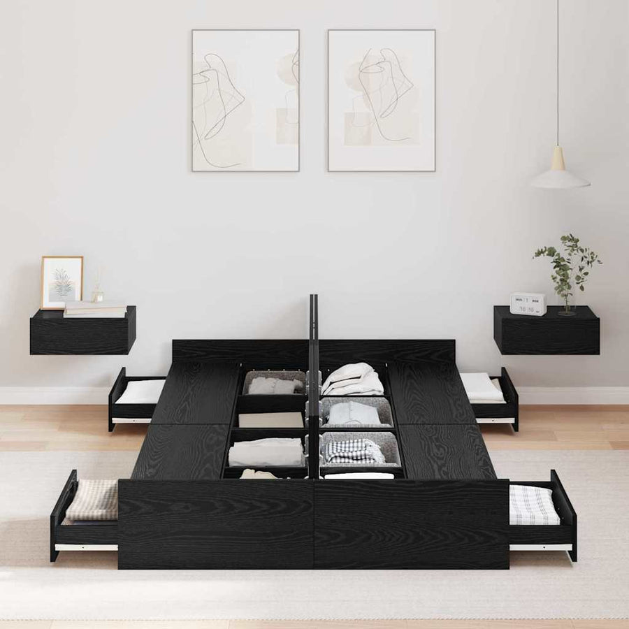 Opbergbedframe met lade met hoofdeinde met opslag Zwart eiken 120 x 200 cm Hout