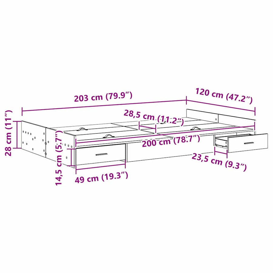 Opbergbedframe Grijs sonoma 120 x 200 cm Melamine plaat