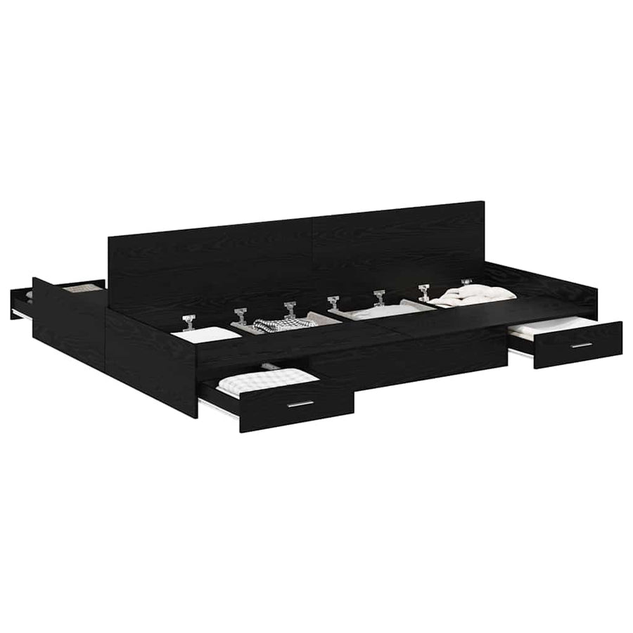 Opbergbedframe met lade Zwart eiken 140 x 190 cm Bewerkt hout