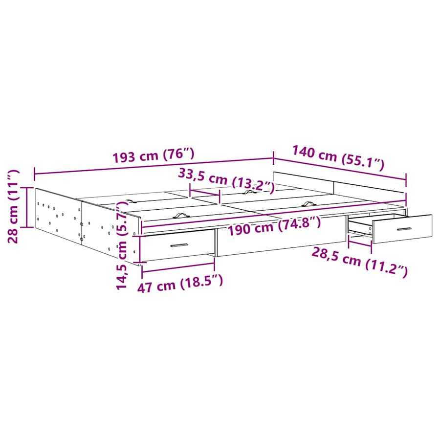 Opbergbedframe met lade Zwart eiken 140 x 190 cm Bewerkt hout