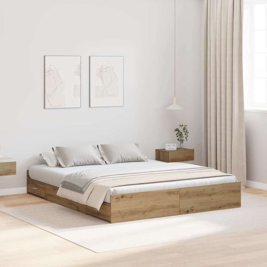 Opbergbedframe met lade artisanaal eikenkleurig 140 x 190 cm