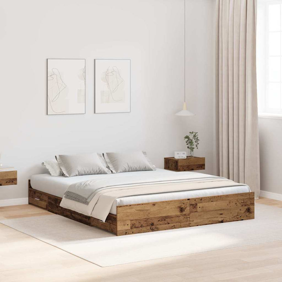 Opbergbedframe met lade met hoofdeinde met opslag Oud hout 135 x 190 cm Spaanplaat