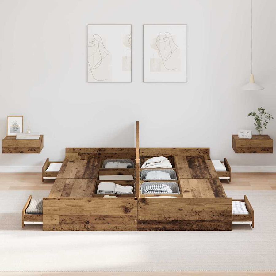 Opbergbedframe met lade met hoofdeinde met opslag Oud hout 135 x 190 cm Spaanplaat
