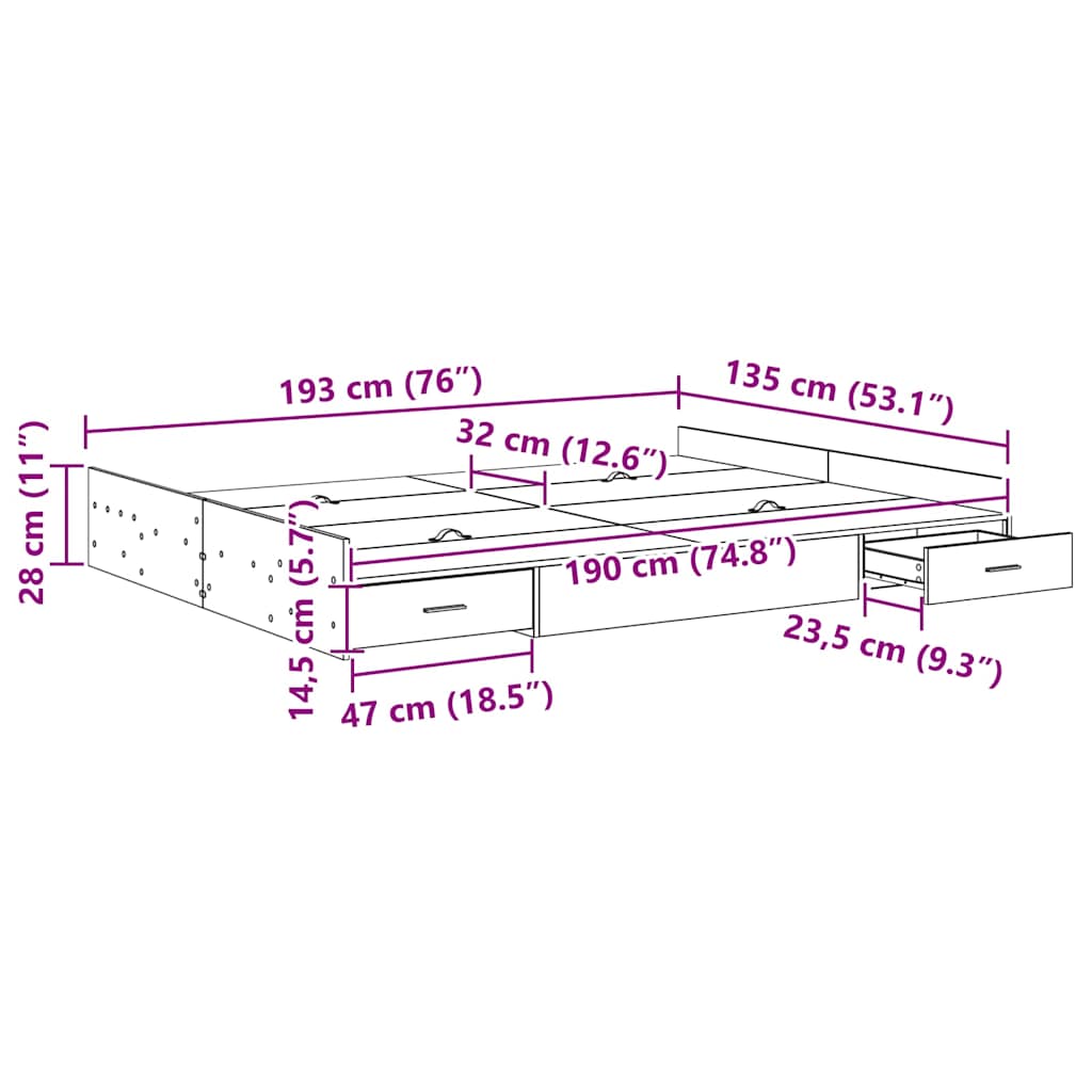 Opbergbedframe met lade met hoofdeinde met opslag Oud hout 135 x 190 cm Spaanplaat