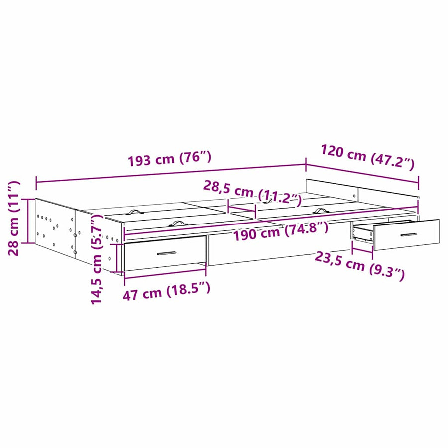 Opbergbedframe met lade met hoofdeinde met opslag Sonoma eiken 120 x 190 cm MDF