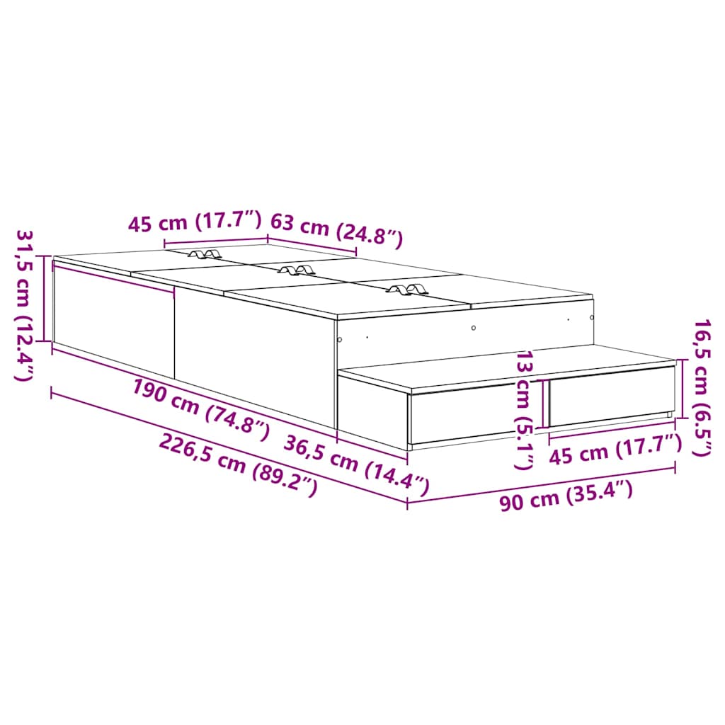 Opbergbedframe met lade Beton Grijs 90 cm Bewerkt hout