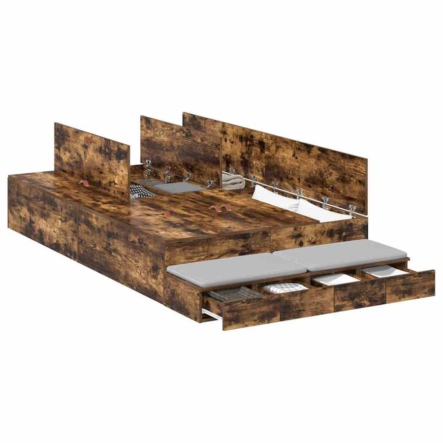 Opbergbedframe met lade Gerookt eiken 120 cm Bewerkt hout