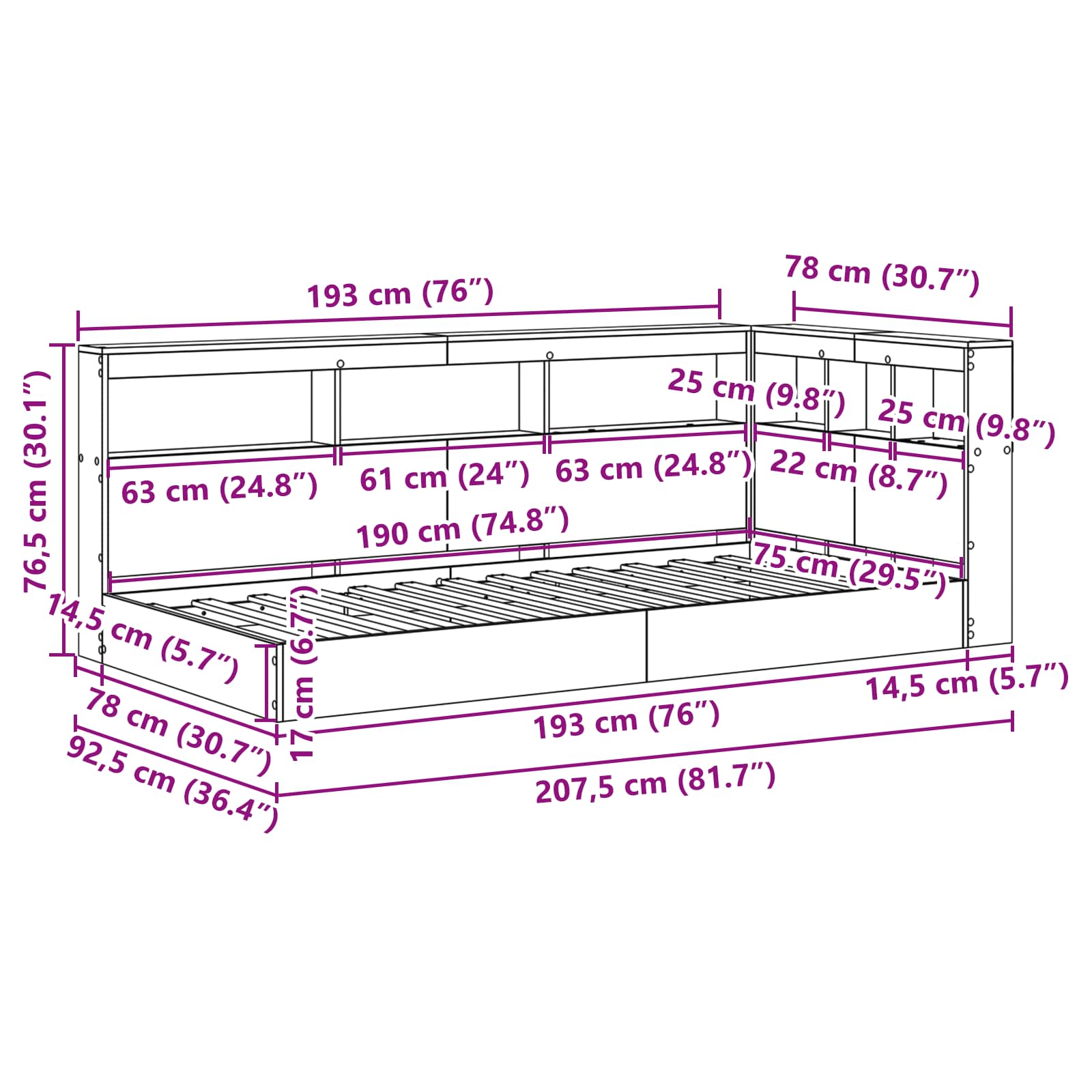Boekenkast Bed Met Opslag Beton Grijs Bewerkt Hout 75 x 190 cm