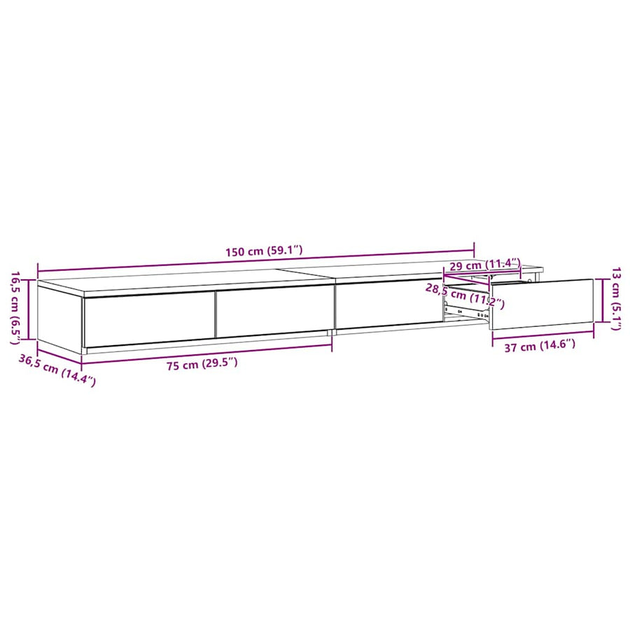 Bedlades met lade Beton Grijs 150 x 36,5 x 16,5 cm Bewerkt hout