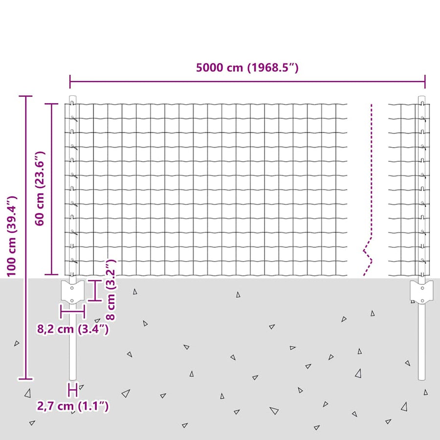 Hek Met Paal 0,6 X 50 M Staal En Pvc Groen 50 x 0,6 m hek (5 x 5 cm gaas)