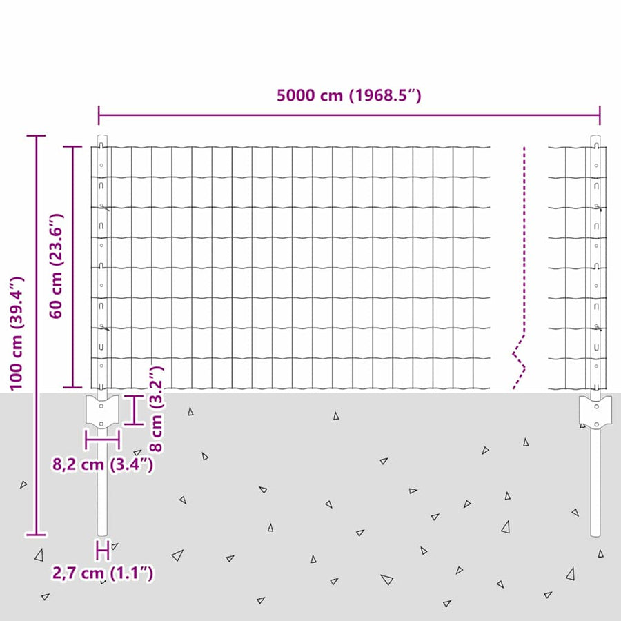Hek met Paal Grijs 0,6 x 50 m Staal en PVC