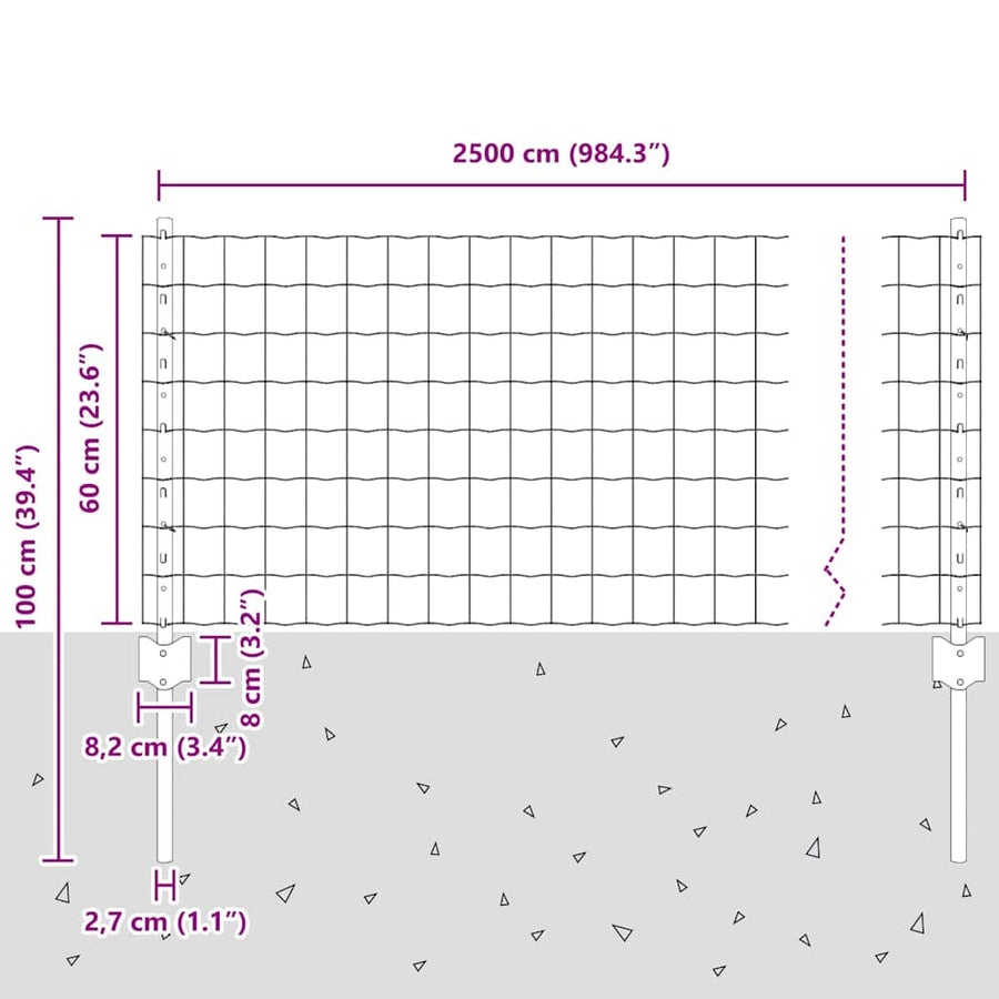 Hek met Paal Grijs 0,6 x 25 m Staal en PVC