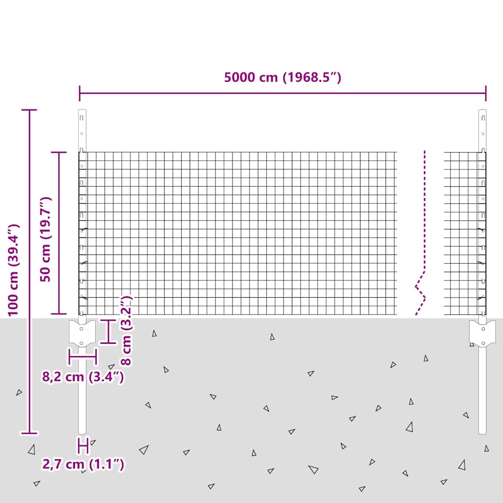 Hek Met Paal 0,5 X 50 M Staal En Pvc Groen 50 x 0,5 m hek (2,5 x 2,5 cm maas)