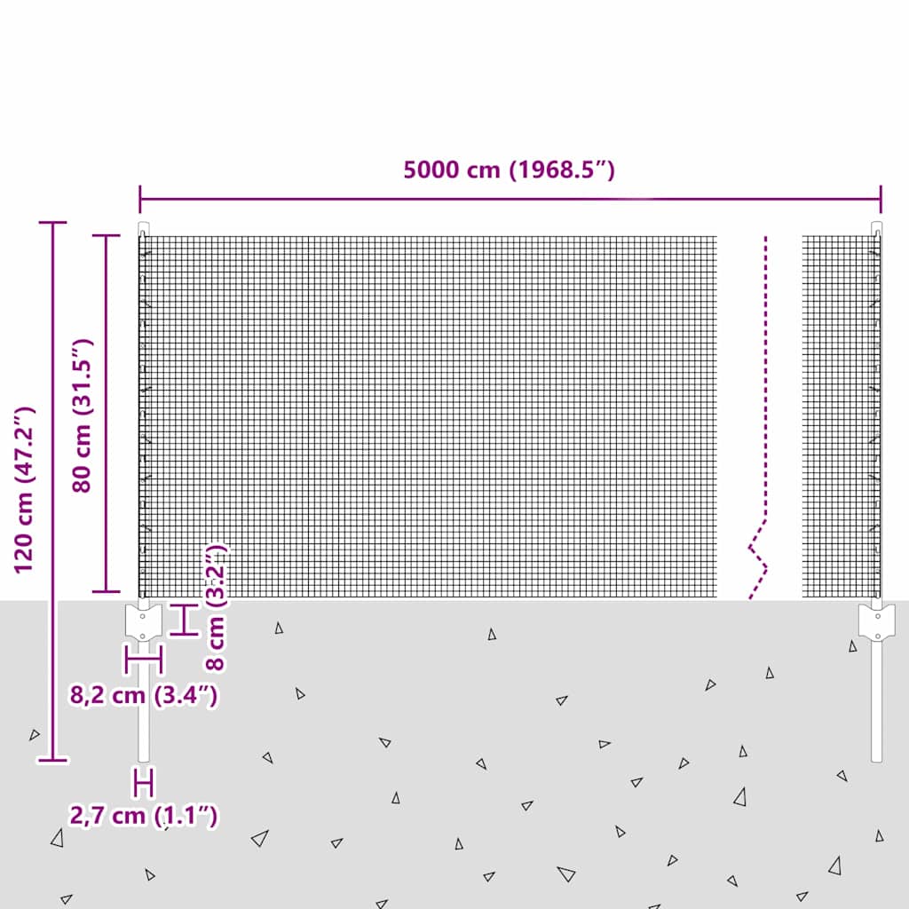 Hek Met Paal 0,8 X 50 M Staal En Pvc Groen 50 x 0,8 m hek (1,2 x 1,2 cm gaas)