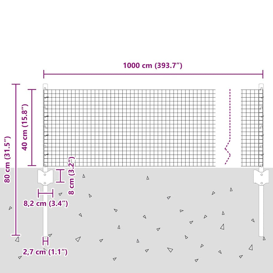 Hek En Paal 0,4 X 10 M Staal Grijs 10 x 0,4 m hek (1,9 x 1,9 cm gaas) Gelast draadhek