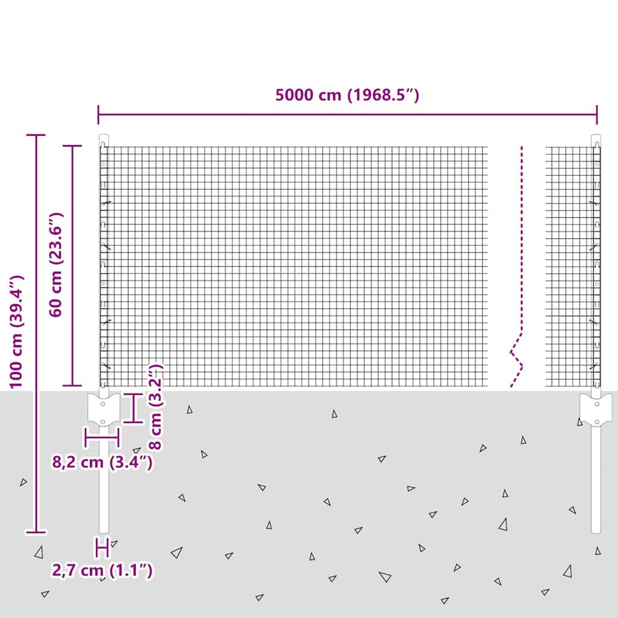 Hek met Paal Grijs 0,6 x 50 m Staal en PVC