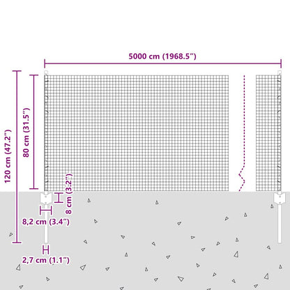 Hek met Paal Grijs 0,8 x 50 m Staal en PVC