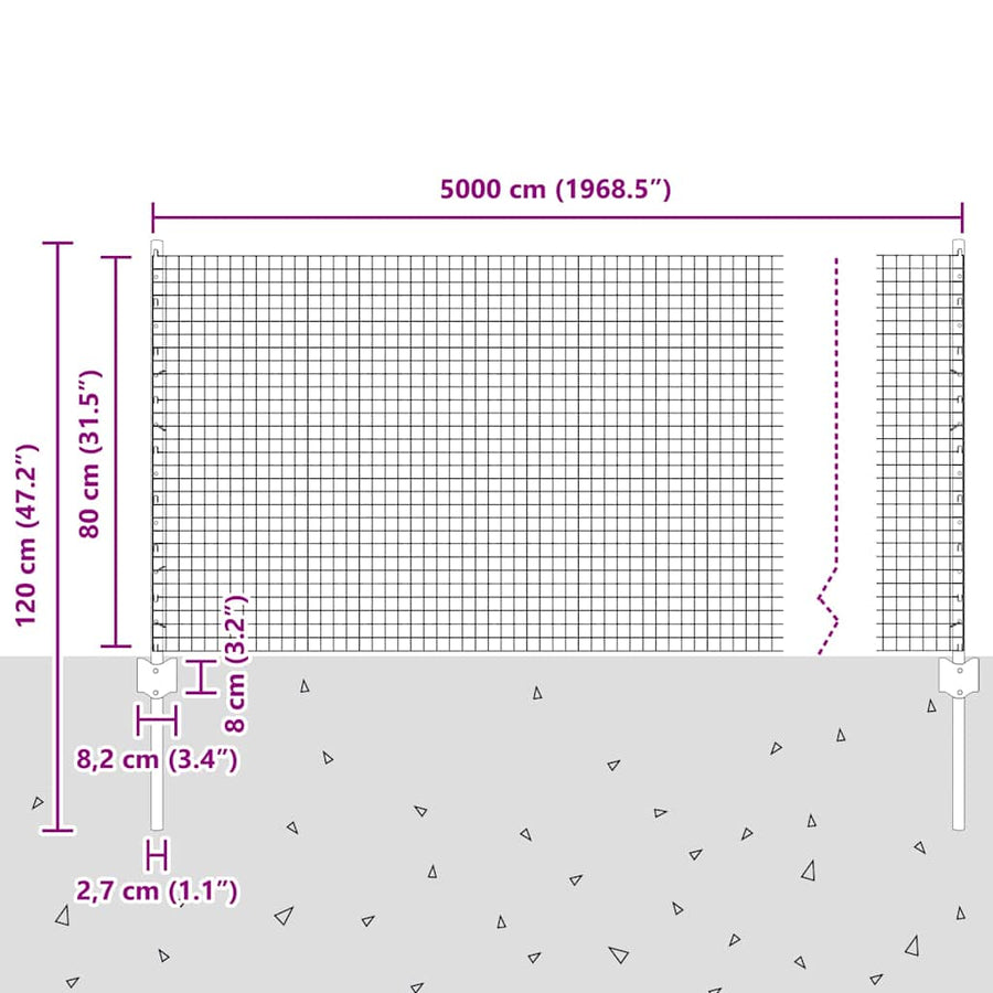 Hek met Paal Grijs 0,8 x 50 m Staal en PVC