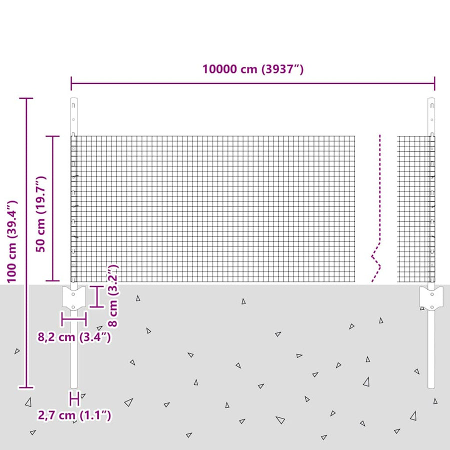Hek Met Paal 0,5 X 100 M Staal En Pvc Grijs 100 x 0,5 m hek (1,6 x 1,6 cm gaas)