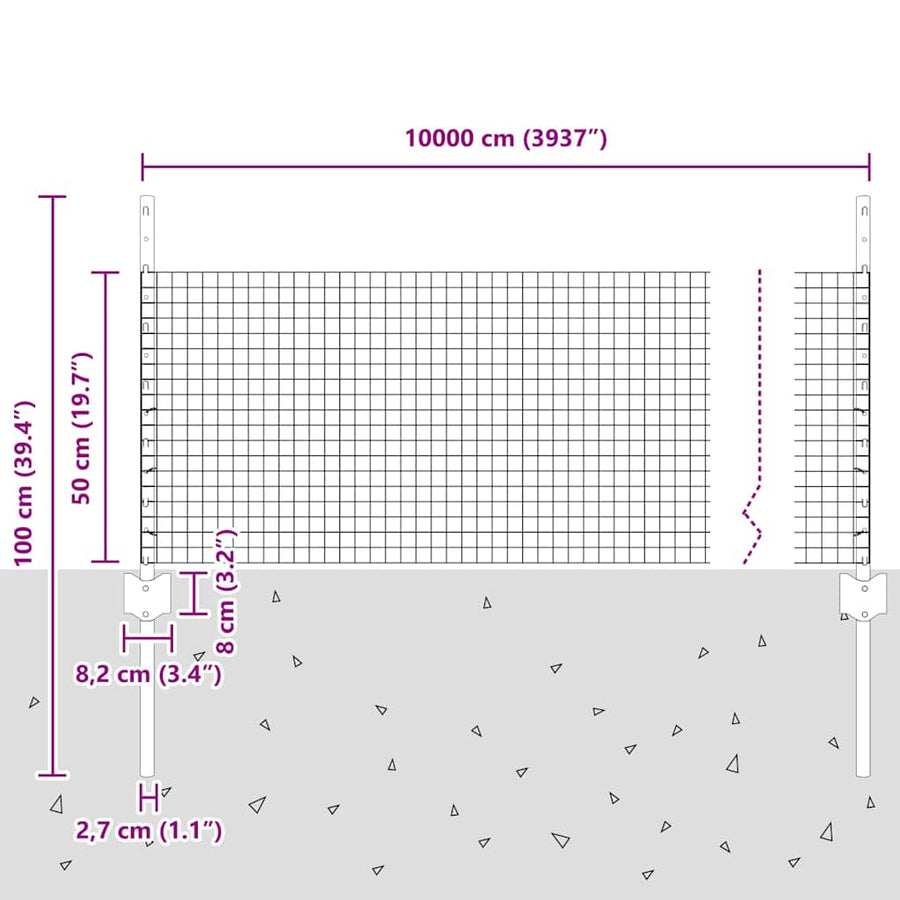 Hek Met Paal 0,5 X 100 M Staal En Pvc Grijs 100 x 0,5 m hek (2,5 x 2,5 cm maaswijdte)