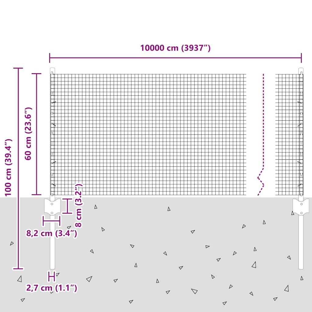 Hek Met Paal 0,6 X 100 M Staal En Pvc Grijs 100 x 0,6 m hek (1,6 x 1,6 cm gaas)