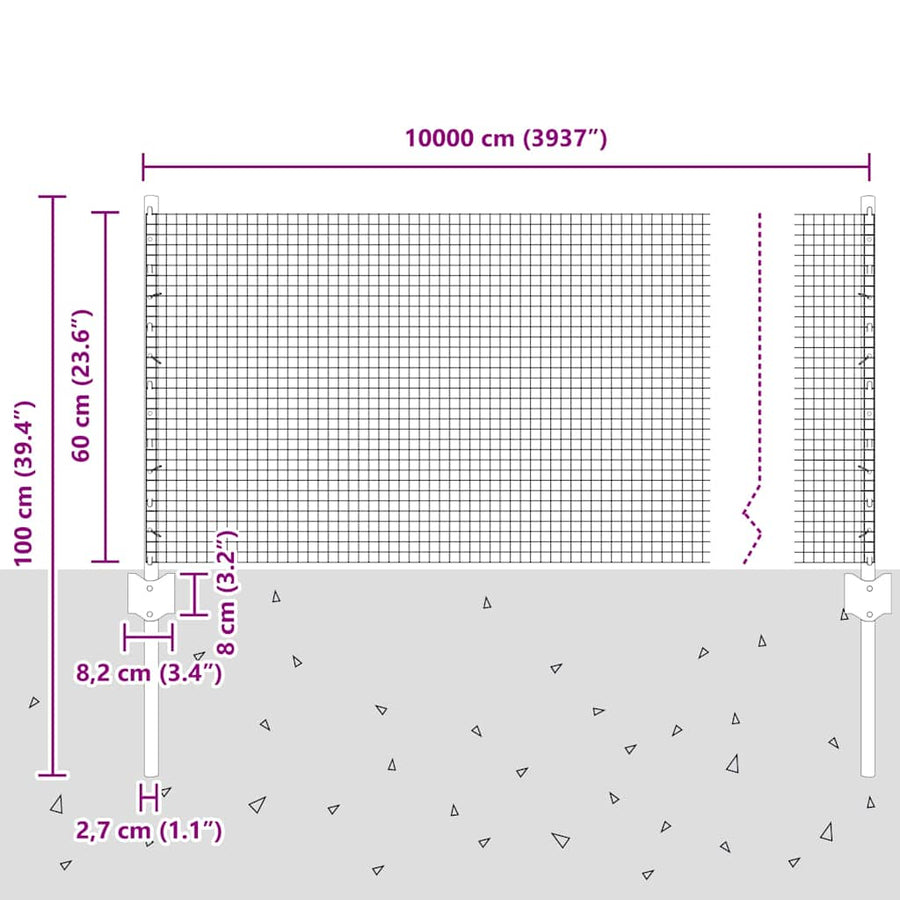 Hek Met Paal 0,6 X 100 M Staal En Pvc Grijs 100 x 0,6 m hek (1,6 x 1,6 cm gaas)