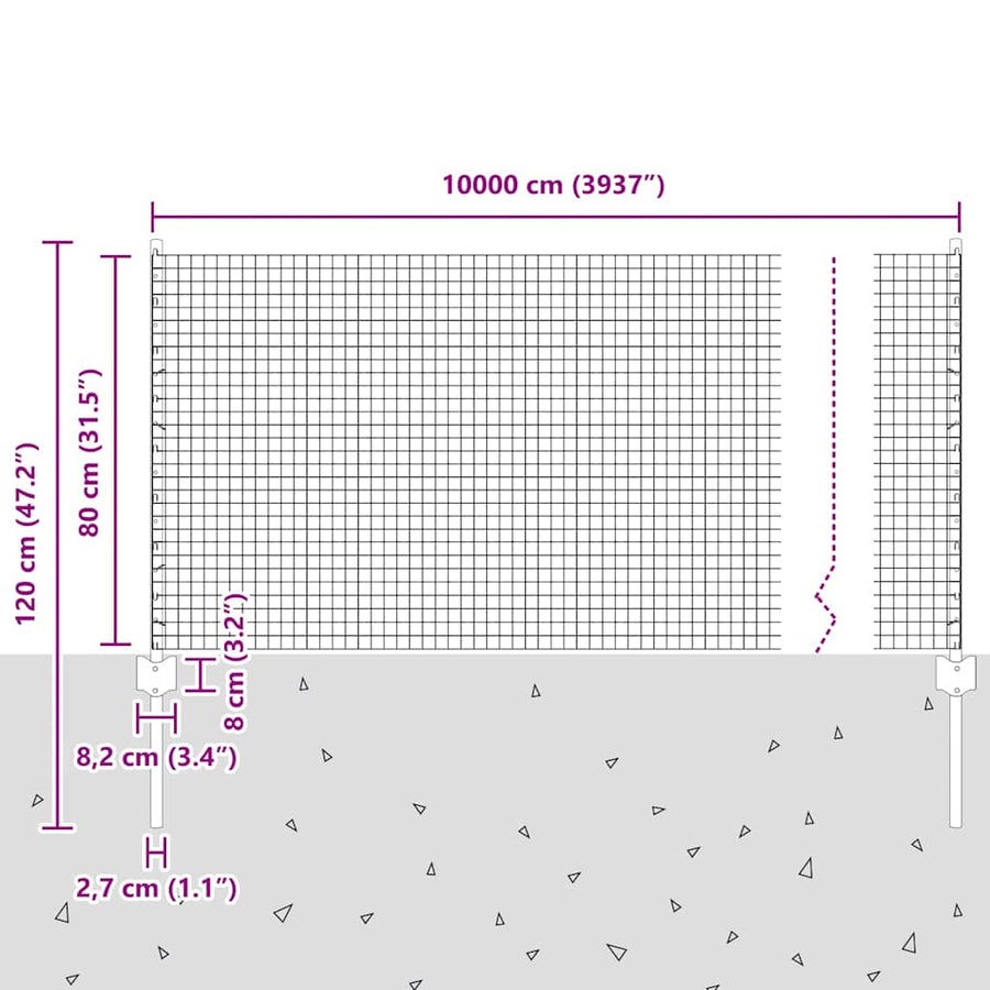 Hek met Paal Grijs 0,8 x 100 m Staal en PVC