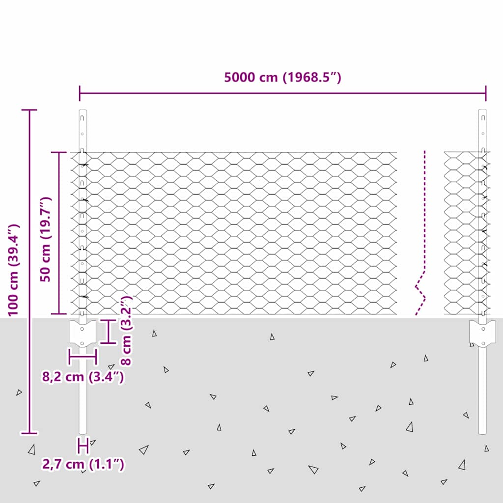 Hek Met Paal 0,5 X 50 M Staal En Pvc Groen 50 x 0,5 m hek (3,6 cm maaswijdte)