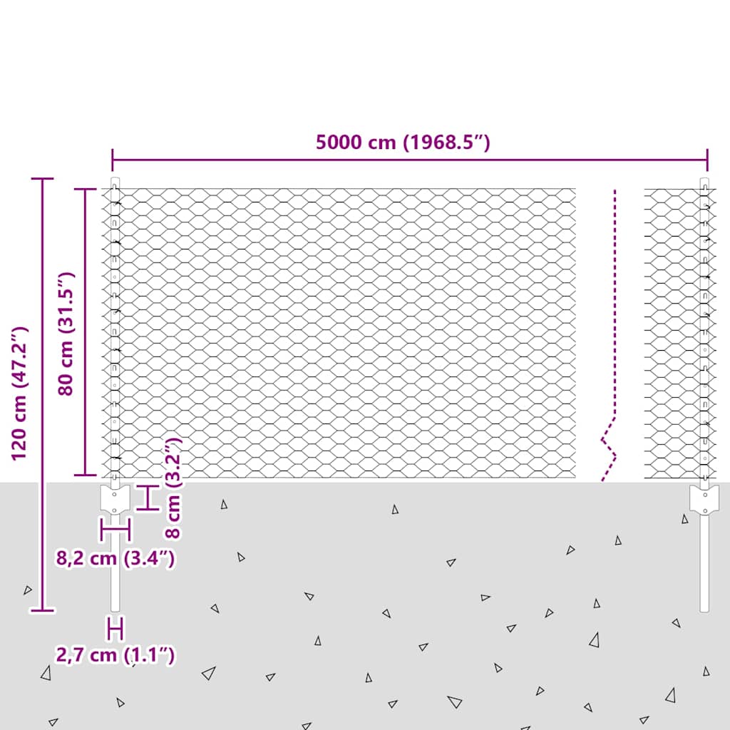 Hek Met Paal 0,8 X 50 M Staal En Pvc Groen 50 x 0,8 m omheining (1,3 cm breedte gaas)