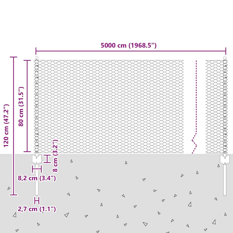 Hek Met Paal 0,8 X 50 M Staal En Pvc Groen 50 x 0,8 m hek (2,5 cm maaswijdte)