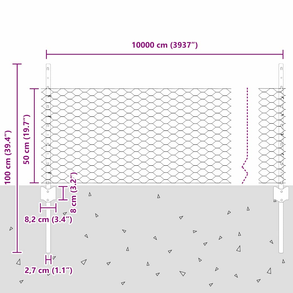 Hek Met Paal 0,5 X 100 M Staal En Pvc Groen 100 x 0,5 m hek (3,6 cm breed gaas)