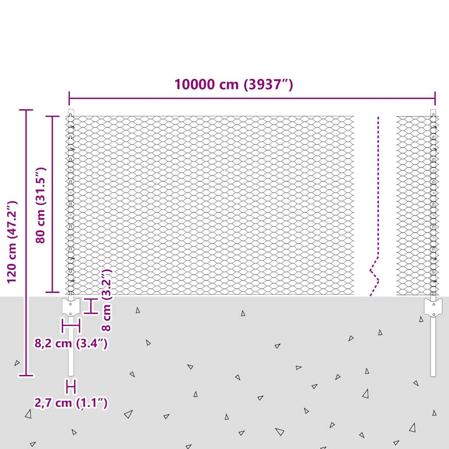 Hek Met Paal 0,8 X 100 M Staal En Pvc Groen 100 x 0,8 m hek (2,5 cm wandruimte)