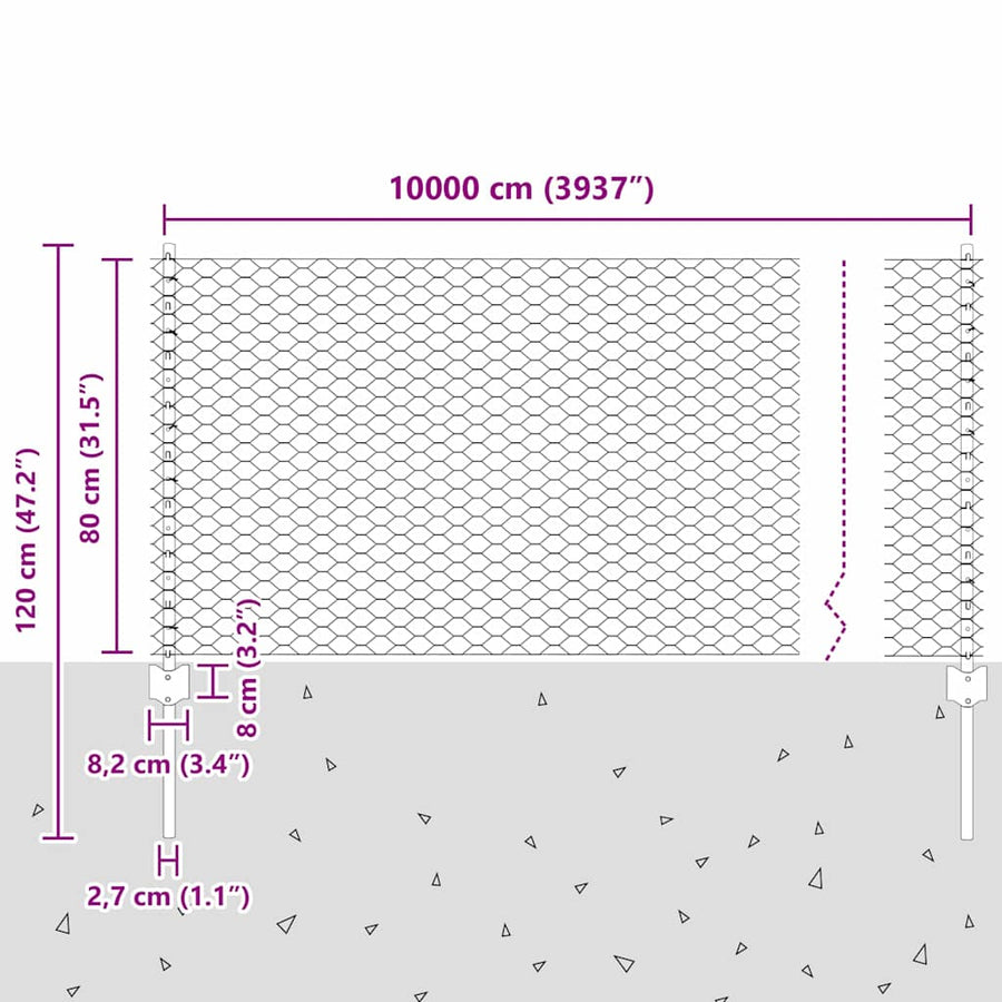 Hek Met Paal 0,8 X 100 M Staal En Pvc Groen 100 x 0,8 m hek (3,6 cm gaaswijdte)