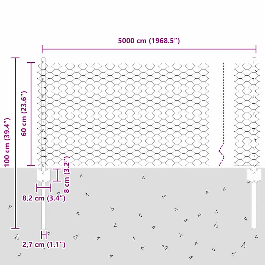 Hek met Paal Grijs 0,6 x 50 m Staal en PVC