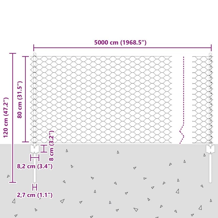 Hek met Paal Grijs 0,8 x 50 m Staal en PVC
