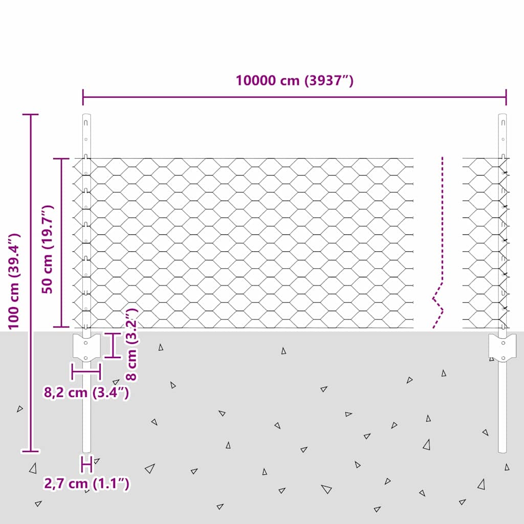 Hek Met Paal 0,5 X 100 M Staal En Pvc Grijs 100 x 0,5 m fence (5 cm breedte mazen)