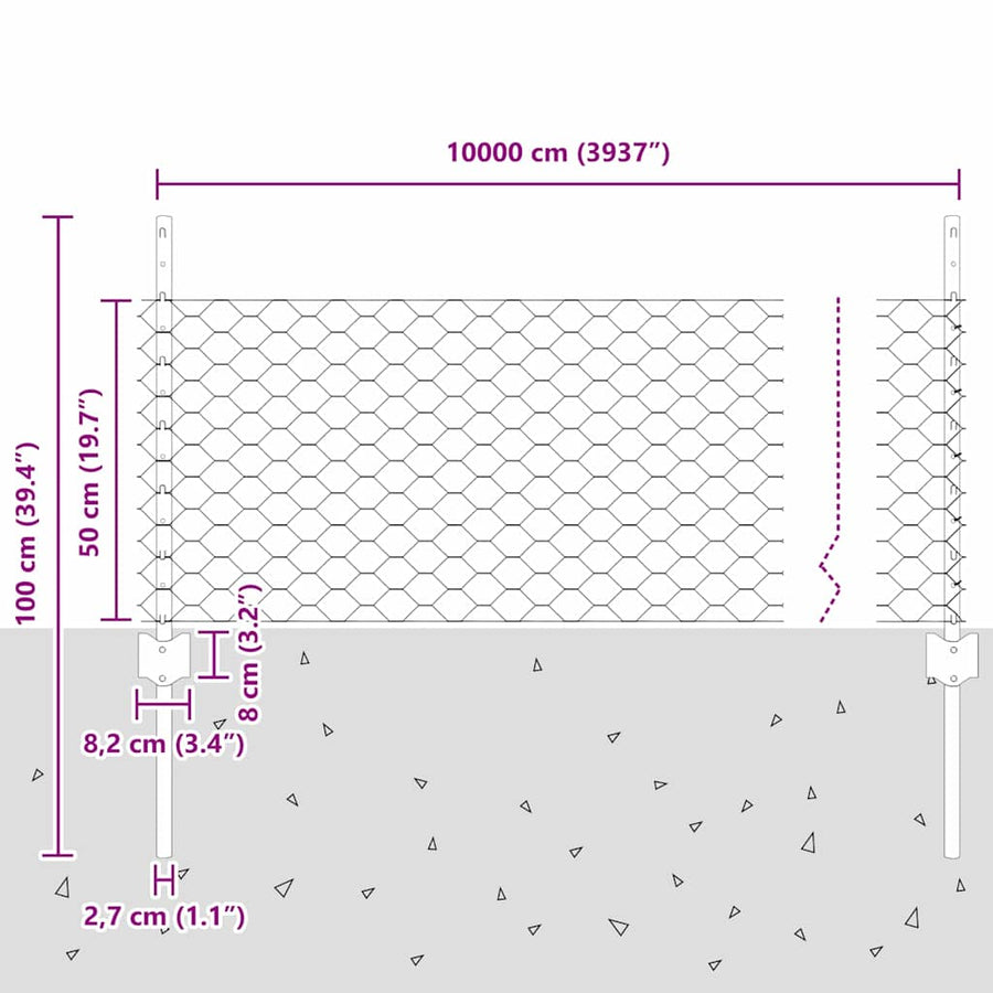 Hek Met Paal 0,5 X 100 M Staal En Pvc Grijs 100 x 0,5 m fence (5 cm breedte mazen)