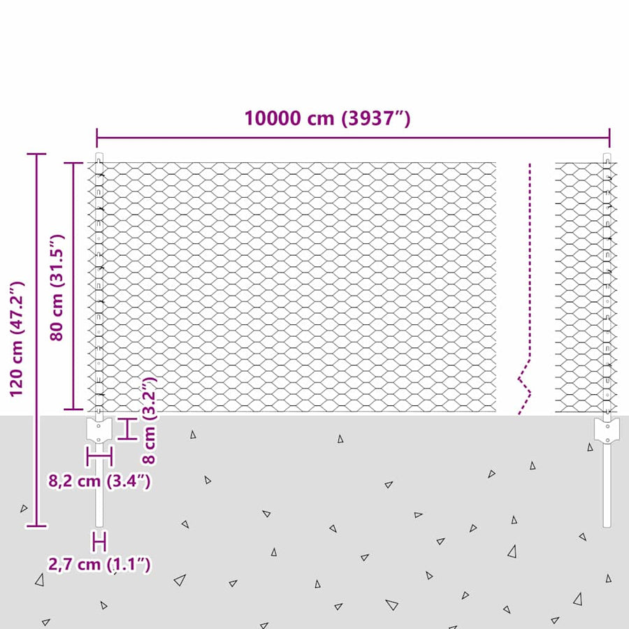 Hek met Paal Grijs 0,8 x 100 m Staal en PVC