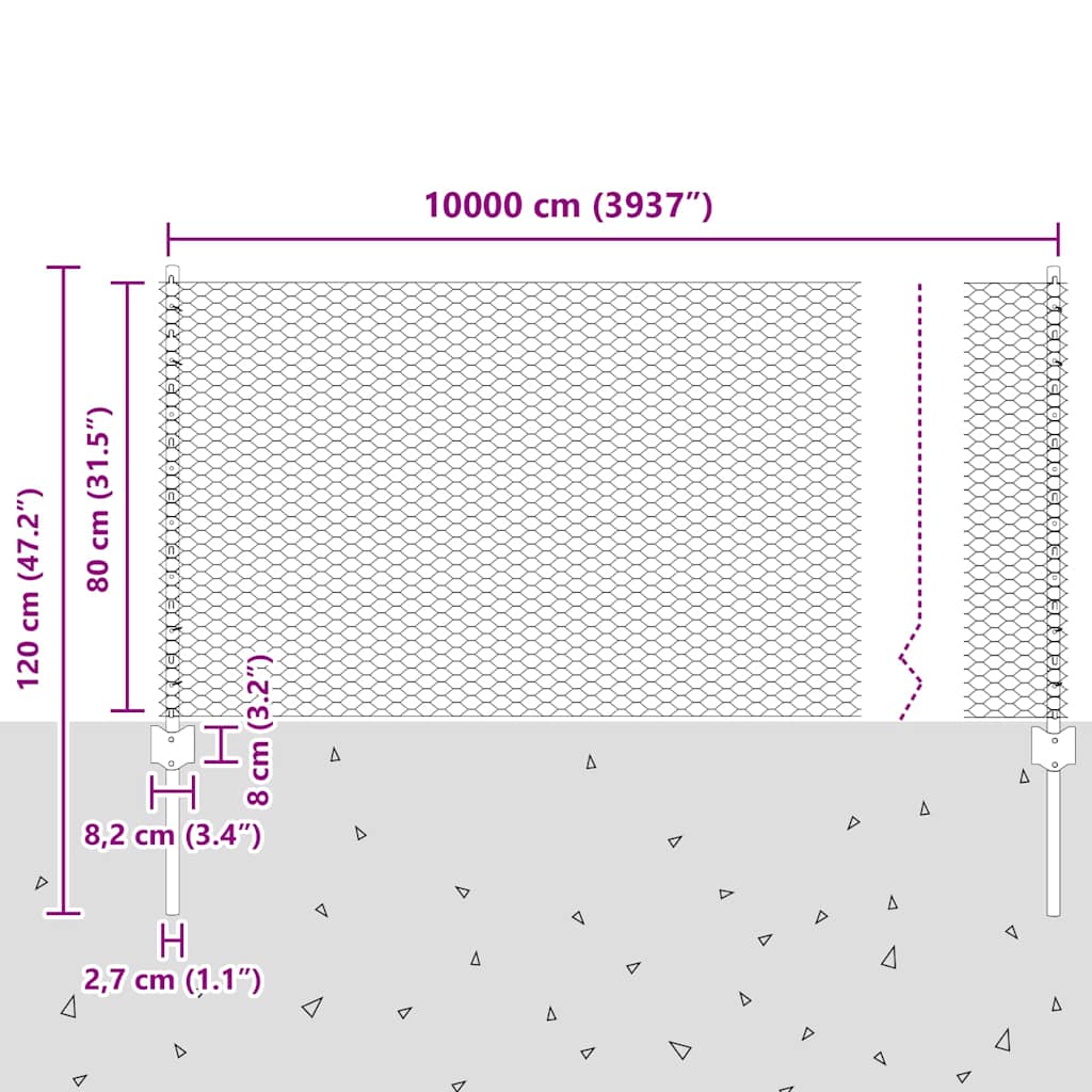 Hek met Paal Grijs 0,8 x 100 m Staal en PVC