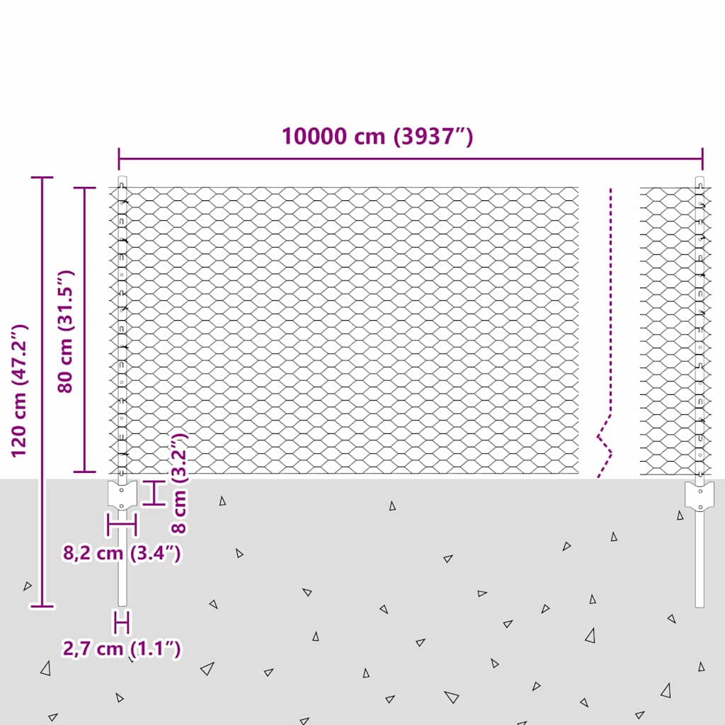 Hek met Paal Grijs 0,8 x 100 m Staal en PVC