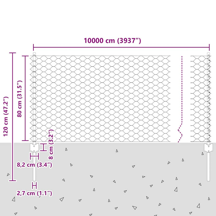 Hek met Paal Grijs 0,8 x 100 m Staal en PVC