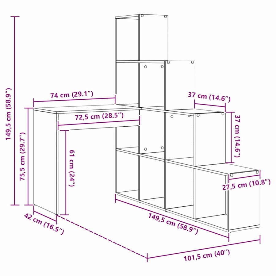 Hoekbureau met plank met opslag Betongrijs 101,5 x 149,5 x 149,5 cm