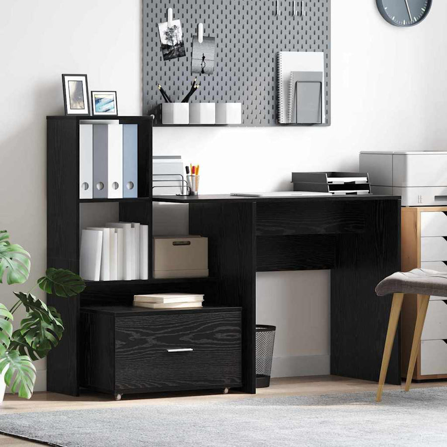 Bureau met lade met plank Zwart eiken 131,5 x 50 x 106,5 cm Bewerkt hout