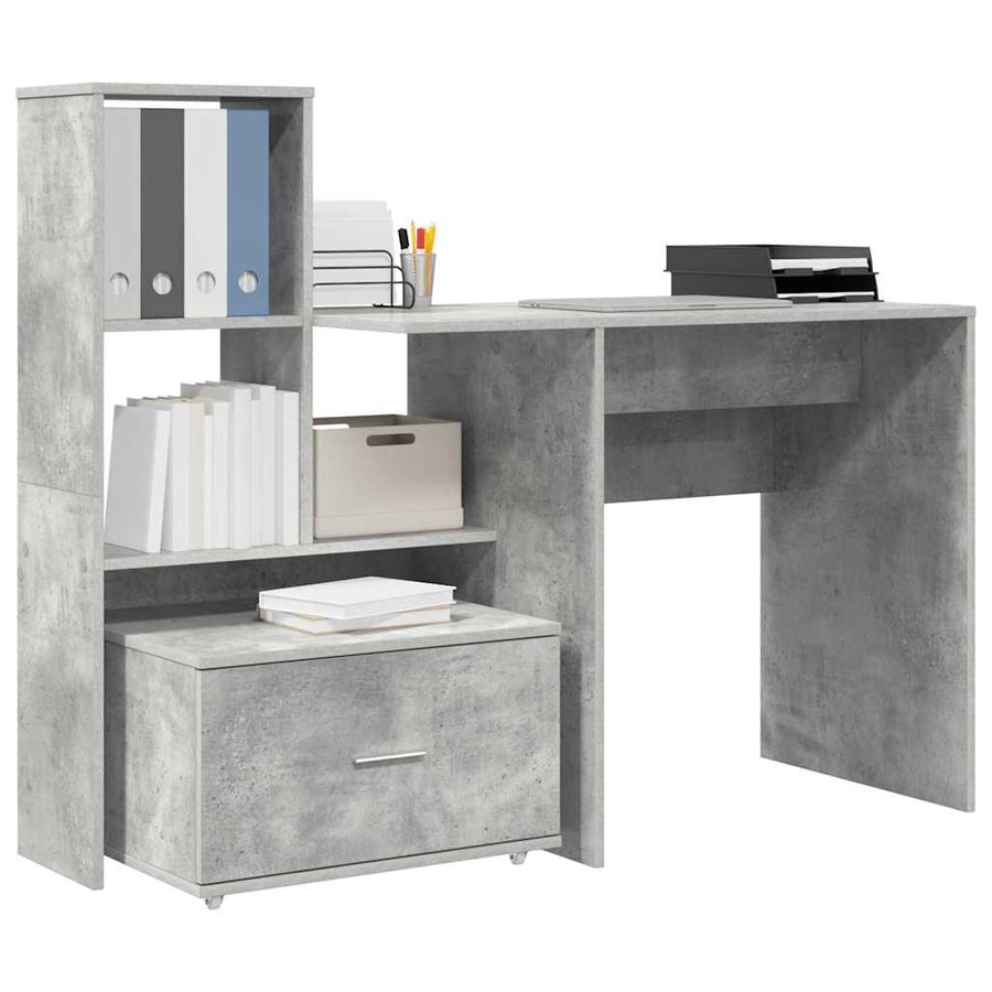 Bureau met lade met plank met opslag Betongrijs 131,5 x 50 x 106,5 cm Bewerkt hout